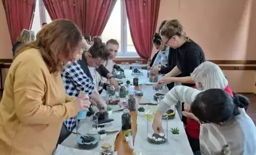 Panie tworzą słoje z sukulentów.
